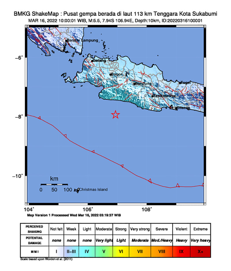 Gempa kembali terjadi dengan Magnitudo: 5.5, Kedalaman: 10 km, 16 Mar 2022 10:00:01 WIB, Koordinat: 7.94 LS-106.94 BT 113 km Tenggara Kota Sukabumi, Jawa Barat. (Foto:BMKG)