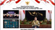 Joko Widodo Jokowi ketika membuka Rakornas Transformasi Digital dan Pendataan Lengkap Koperasi dan UMKM pada Senin (28/3/2022). Foto: InfoPublik